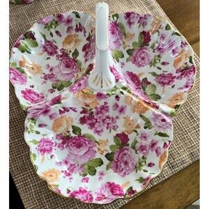 Vintage Royal Danube White Pink Rose Chintz Scalloped Tray with Handle